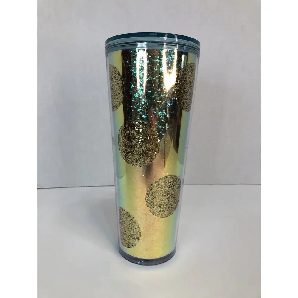 Starbucks Holiday Tumbler Cup 2020 Gold‎ Glitter Circles w/Lid 24oz No Straw C1